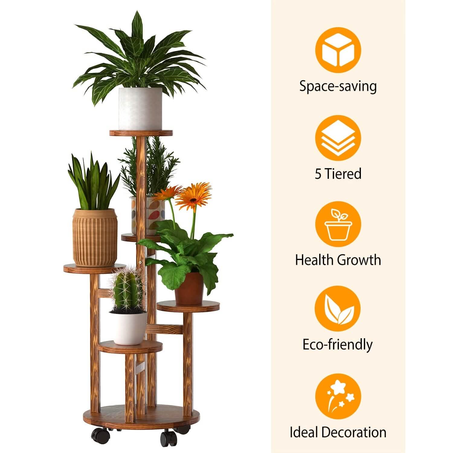 5-Tier Plant Stand with 4 Detachable Wheels Wooden Plant Pot Rolling Shelf by DailySale