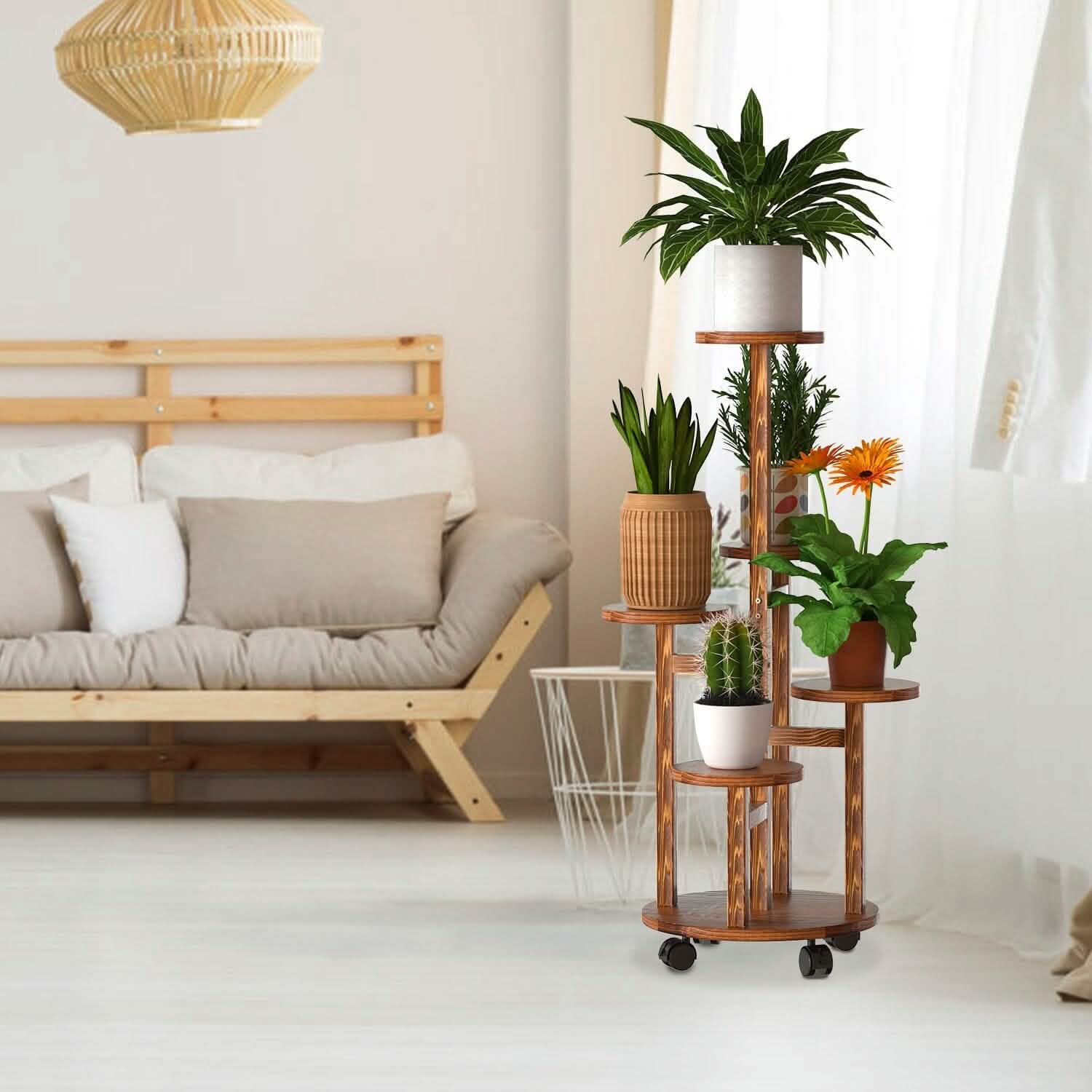 5-Tier Plant Stand with 4 Detachable Wheels Wooden Plant Pot Rolling Shelf by DailySale