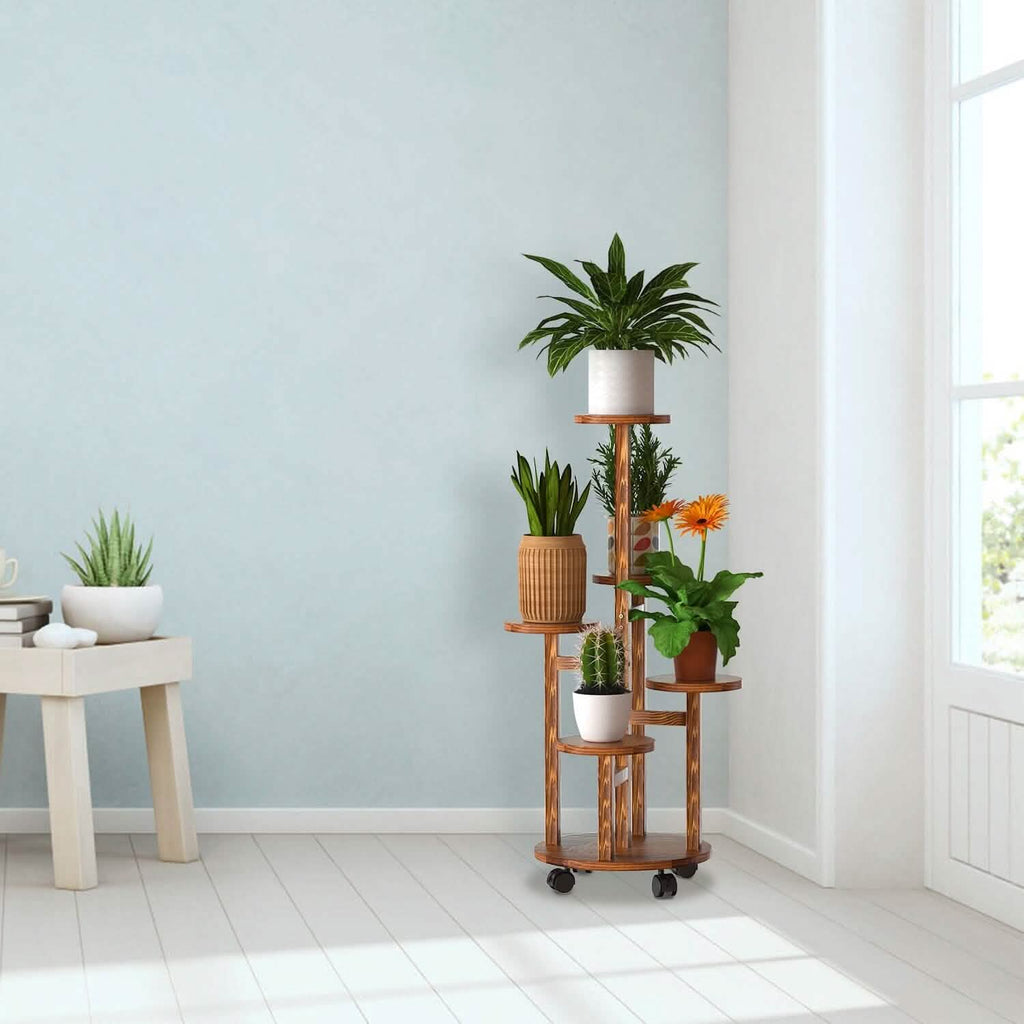 5-Tier Plant Stand with 4 Detachable Wheels Wooden Plant Pot Rolling Shelf by DailySale