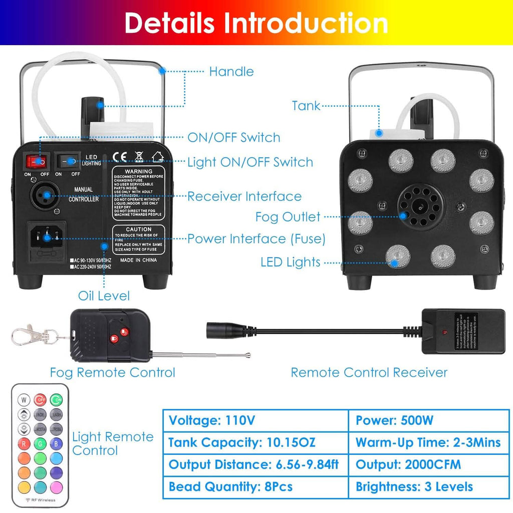 500W Fog Machine 2000CFM Colorful Smoke Machine with 8-Pieces LEDs 5 Lighting Effects 3-Level Brightness by DailySale