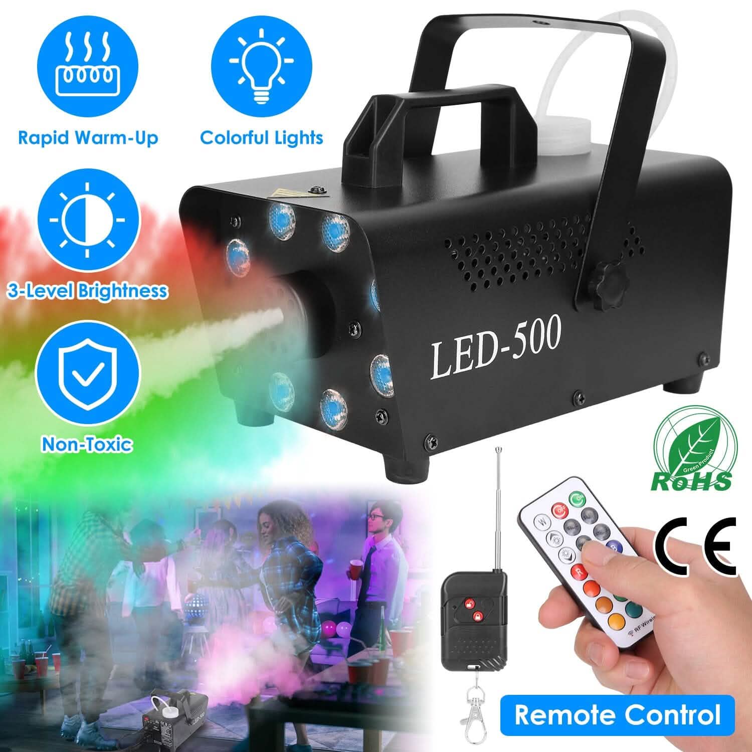 500W Fog Machine 2000CFM Colorful Smoke Machine with 8-Pieces LEDs 5 Lighting Effects 3-Level Brightness by DailySale