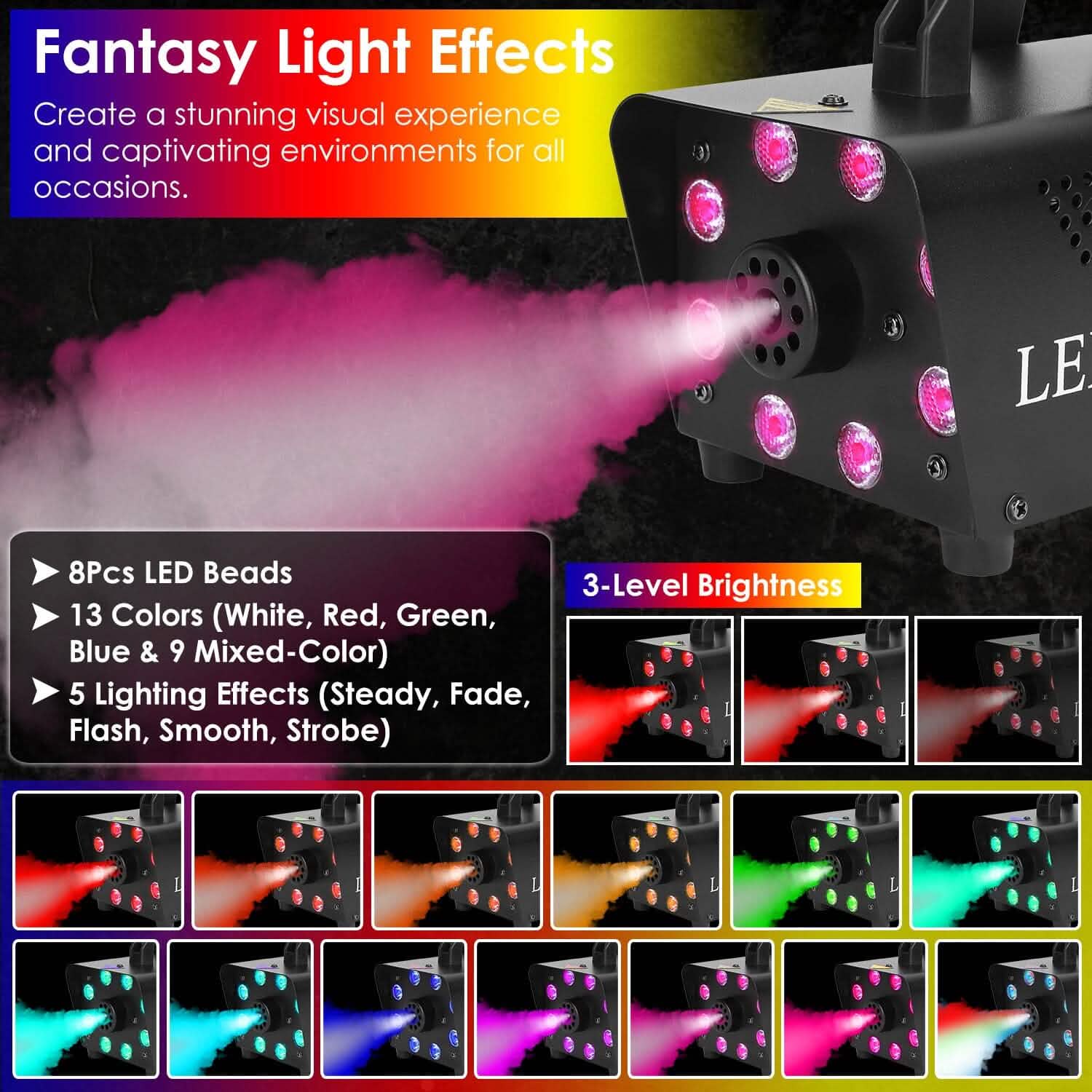 500W Fog Machine 2000CFM Colorful Smoke Machine with 8-Pieces LEDs 5 Lighting Effects 3-Level Brightness by DailySale
