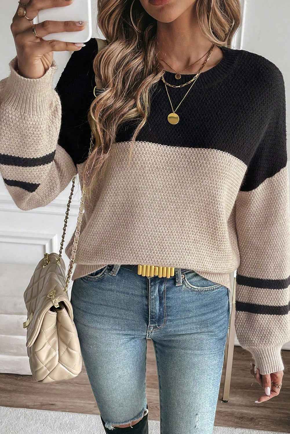 Parchment Colorblock Striped Sleeve Detail Knit Sweater