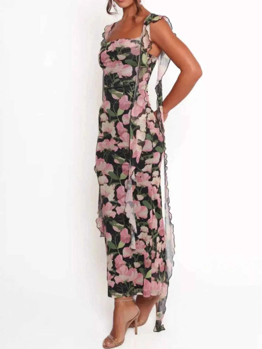 Floral Print Ruffle Trim Bodycon Maxi Dress