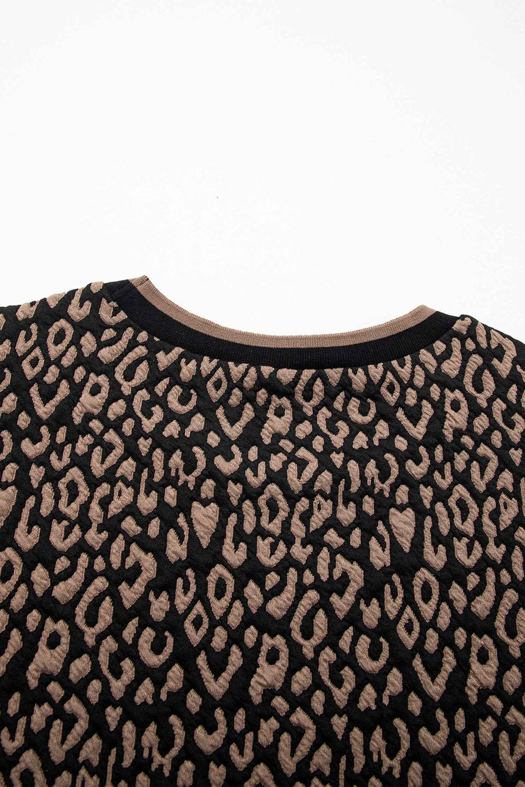Black Leopard Print Puffy Bracelet Sleeve Contrast Trim Round Neck Top