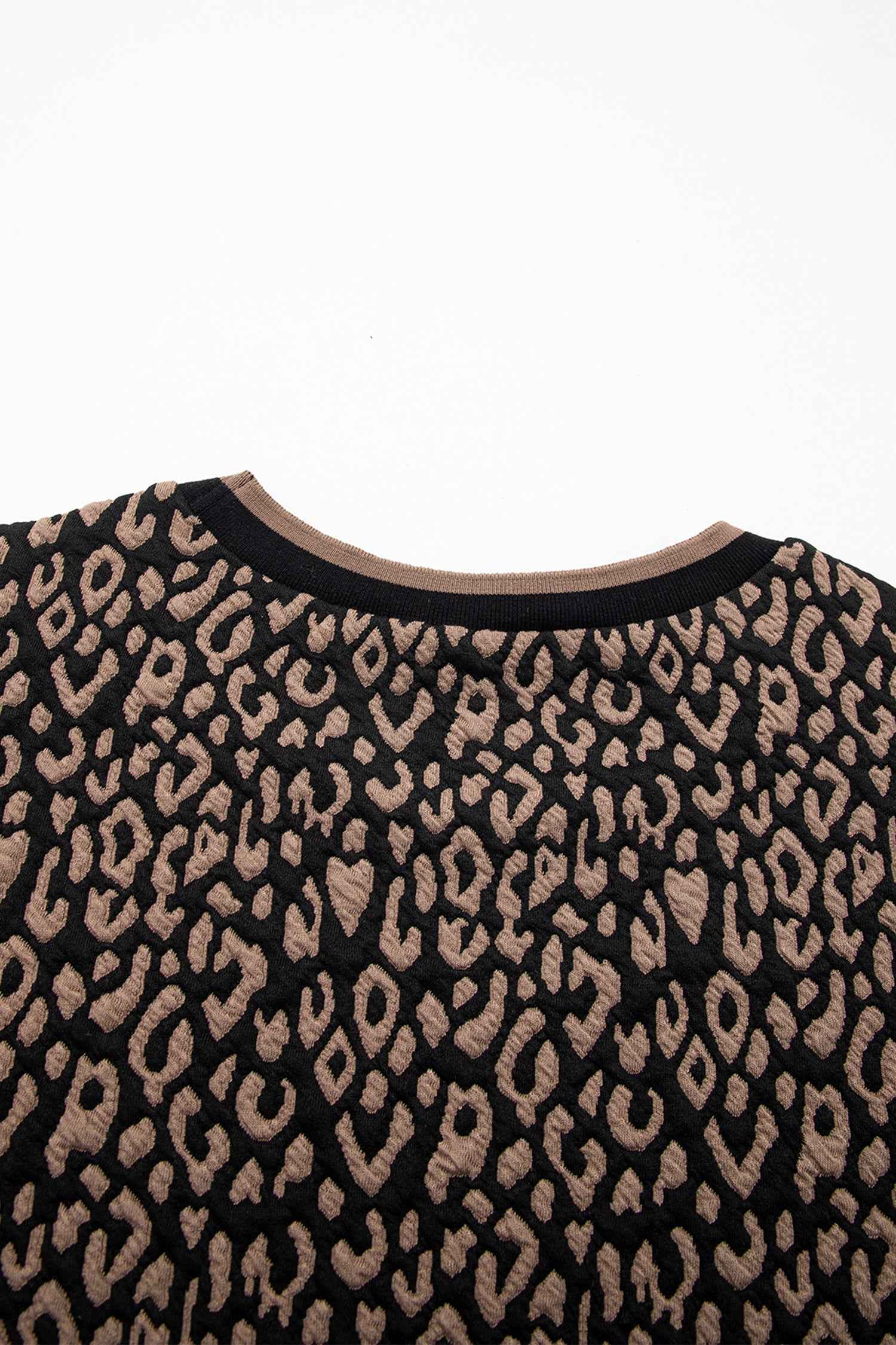 Black Leopard Print Puffy Bracelet Sleeve Contrast Trim Round Neck Top