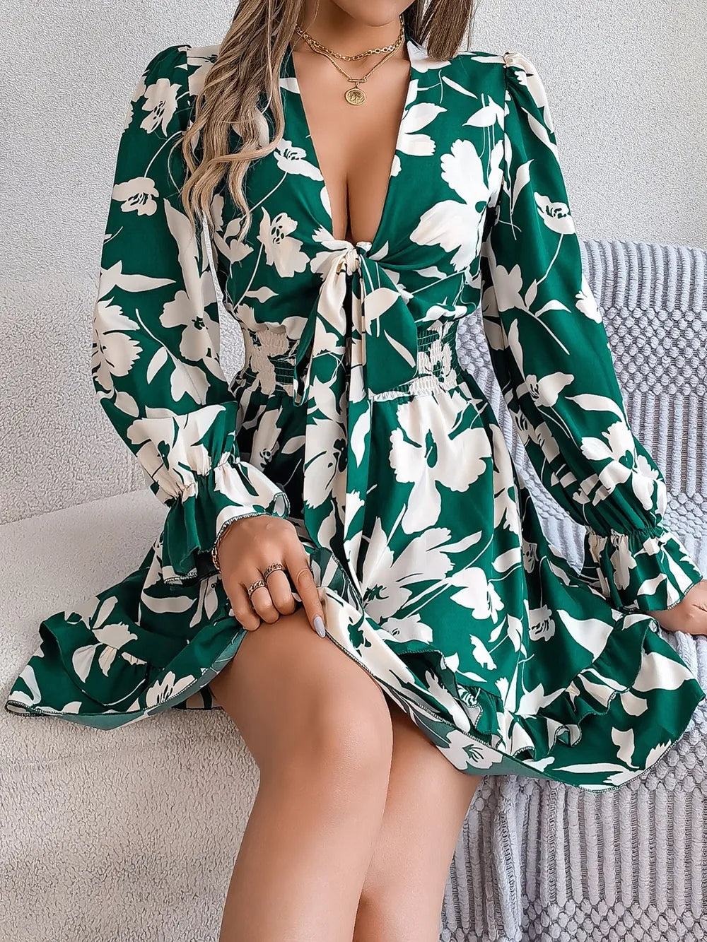 Tied Ruffled Printed Long Sleeve Dress by Shopiebay