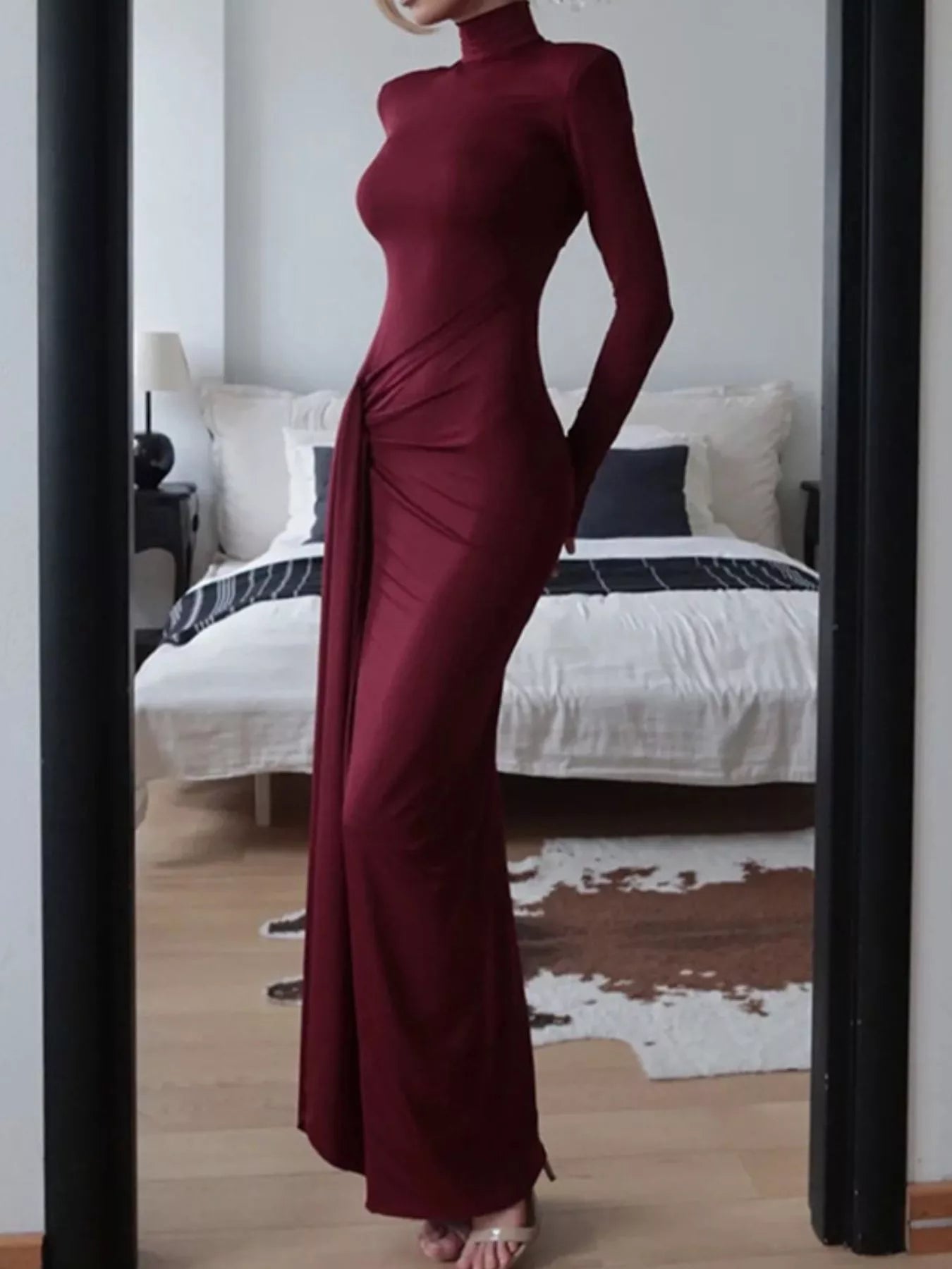 Turtleneck Long Sleeve Slit Maxi Dress by Shopiebay