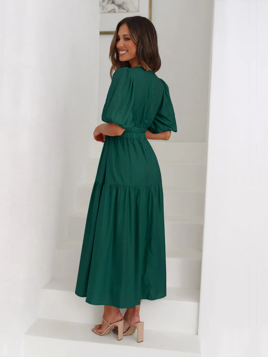 Tiered Surplice Half Sleeve Midi Dress by Shopiebay
