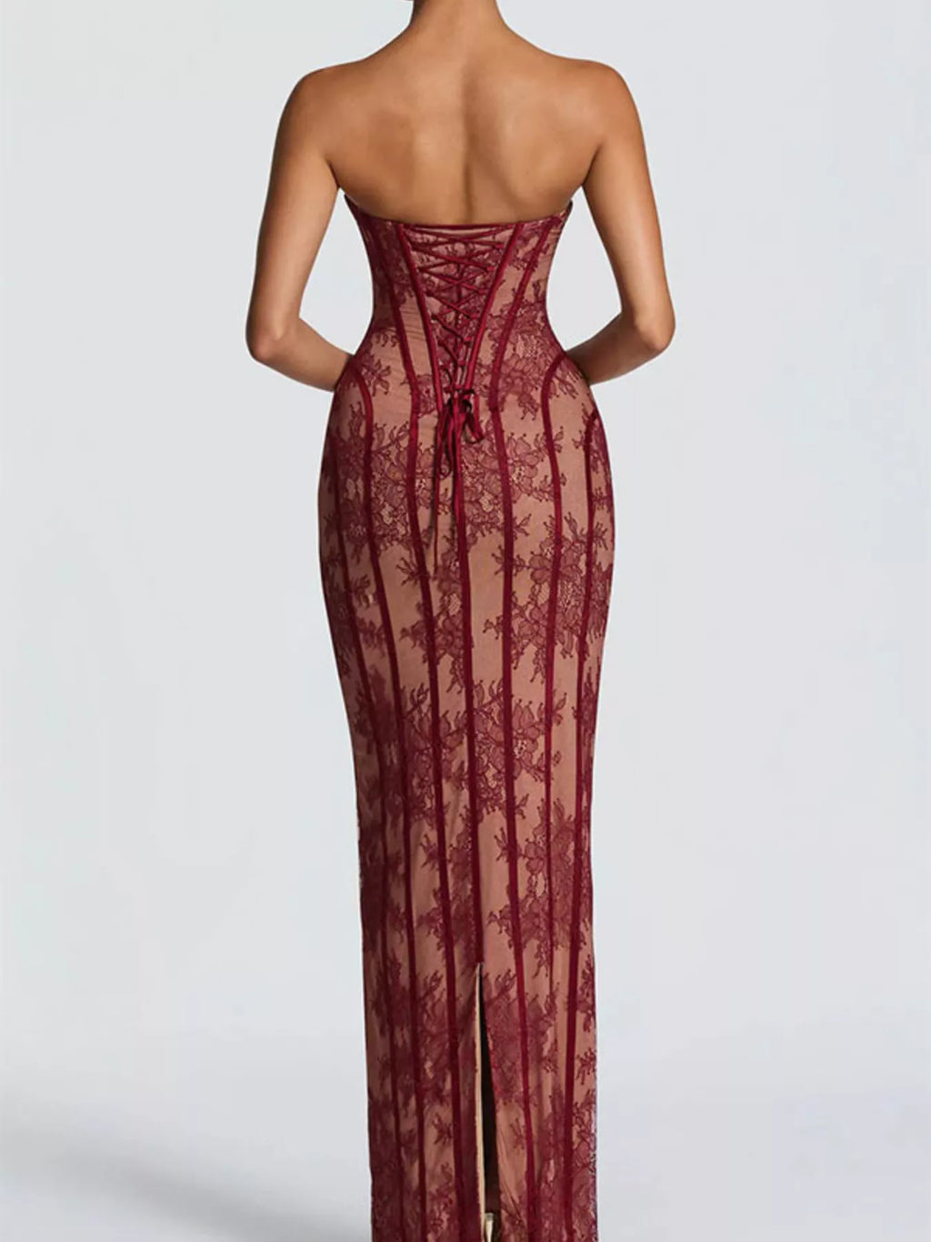 Lace Up Back Strapless Maxi Dress by Shopiebay