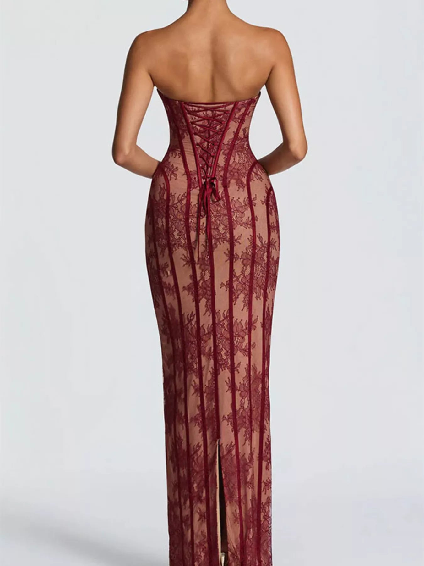 Lace Up Back Strapless Maxi Dress by Shopiebay