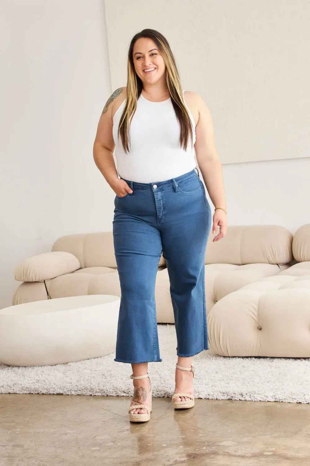 RFM Crop Full Size Tummy Control High Waist Raw Hem Jeans