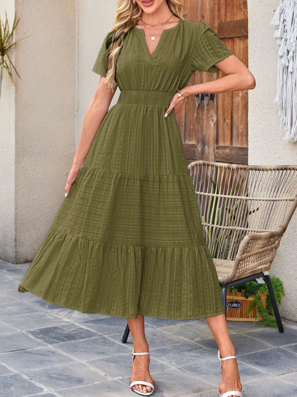 Tiered Notched Short Sleeve Dress by Shopiebay