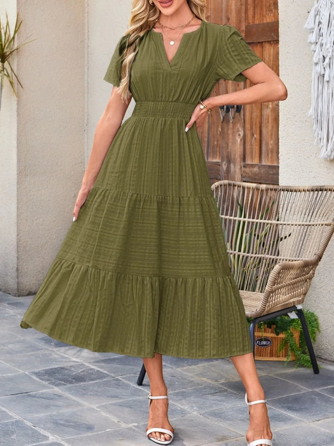 Tiered Notched Short Sleeve Dress by Shopiebay