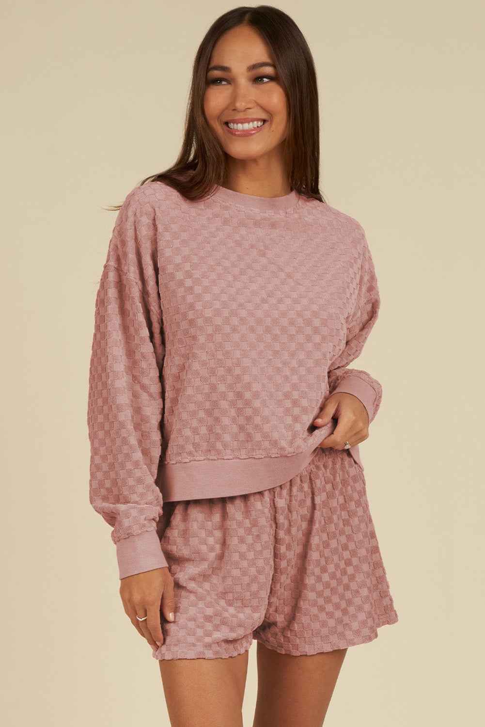 Blossom Checkered Textured Long Sleeve Top and Shorts Set