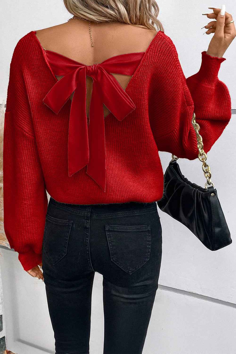 Racing Red Lantern Sleeve V Neck Knot Back Sweater