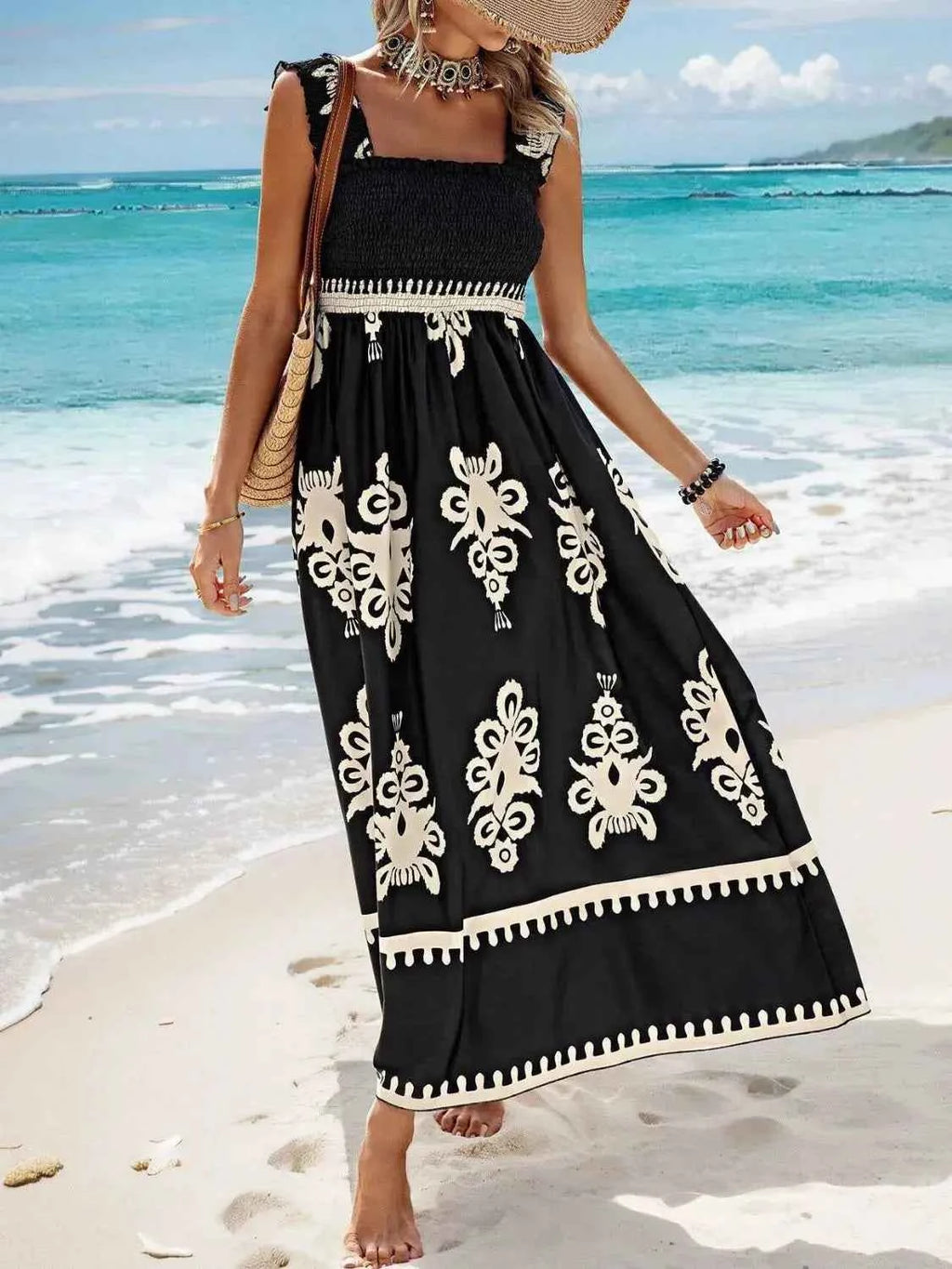 Smocked Printed Wide Strap Maxi Dress