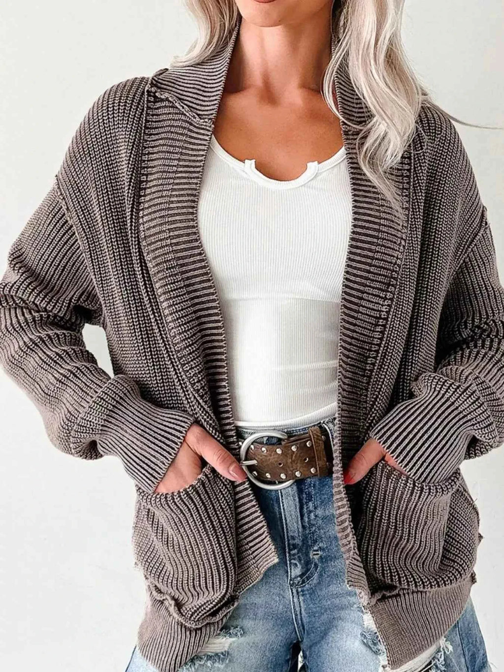 Mineral Wash Exposed Seam Patchwork Open Knit Cardigan