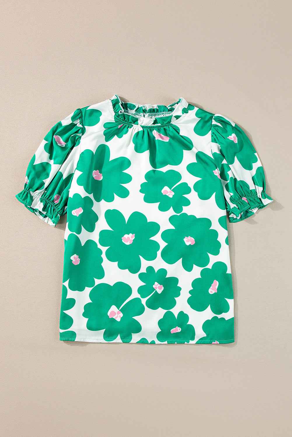 Green Floral Puff Sleeve Frill Neckline Blouse