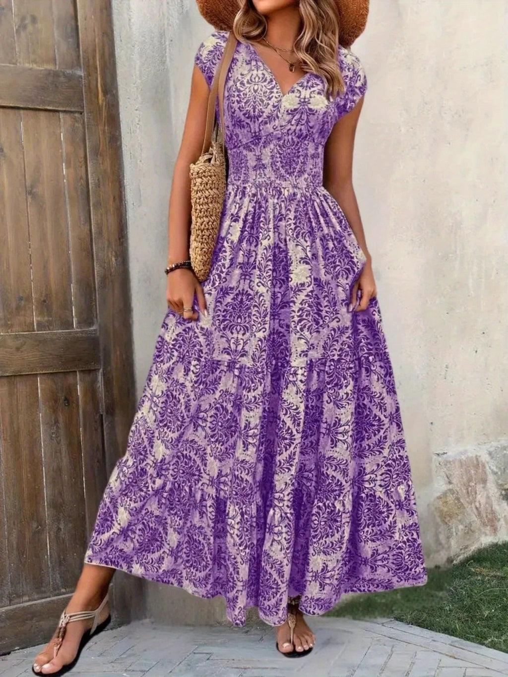 Printed Cap Sleeve Maxi Dress by Shopiebay