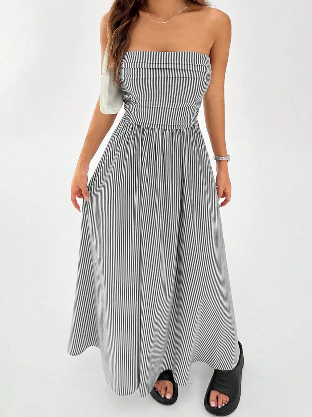 Striped Strapless Casual Maxi Dress by Shopiebay
