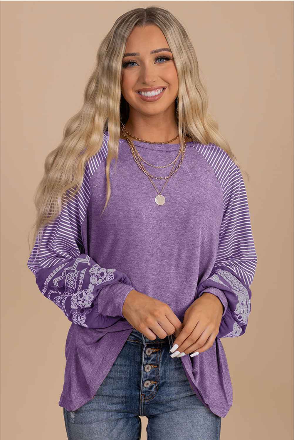 Tillandsia Purple Contrast Print Striped Raglan Long Sleeve Loose Top