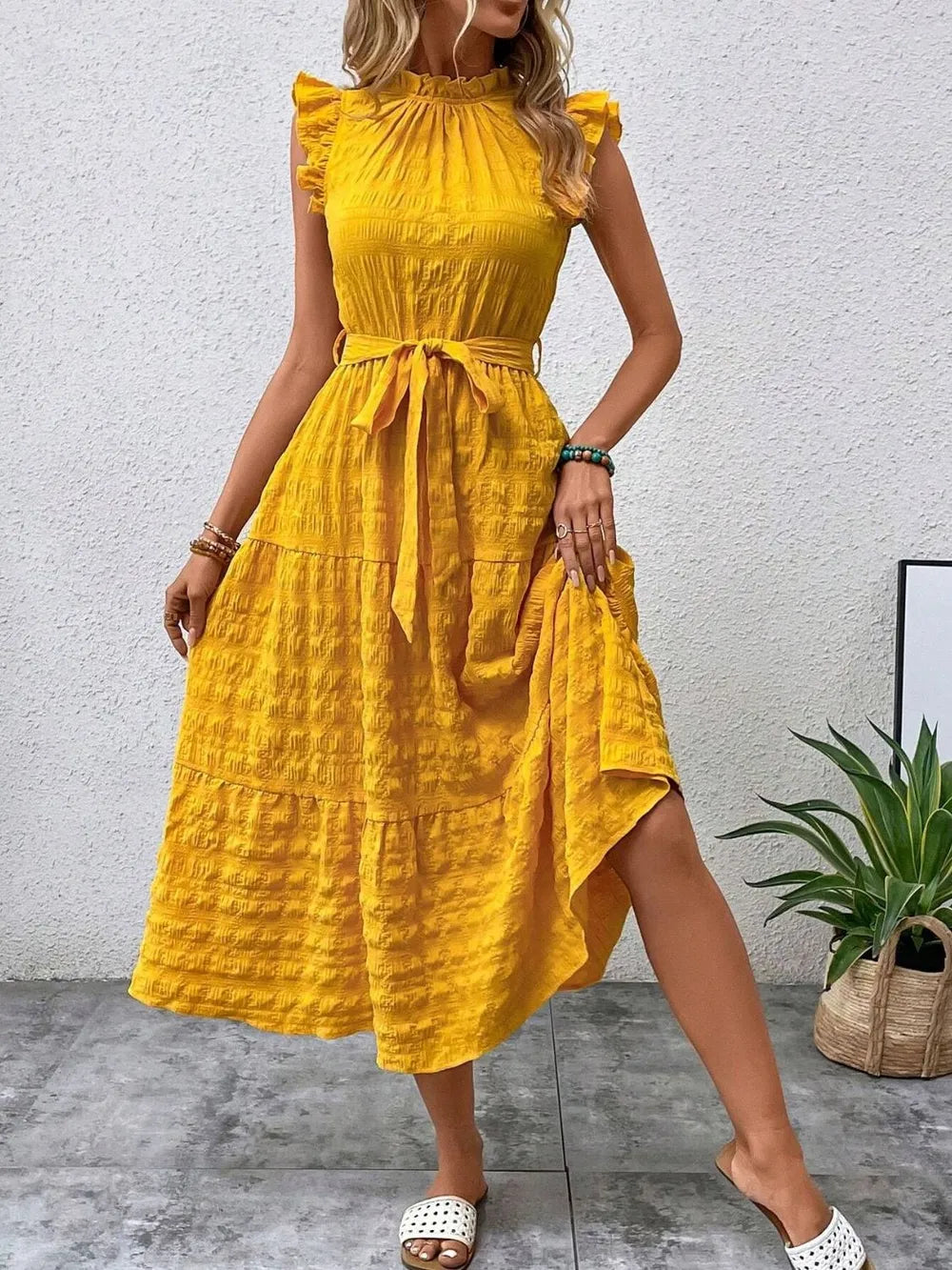 Tied Ruffled Cap Sleeve Midi Dress by Shopiebay
