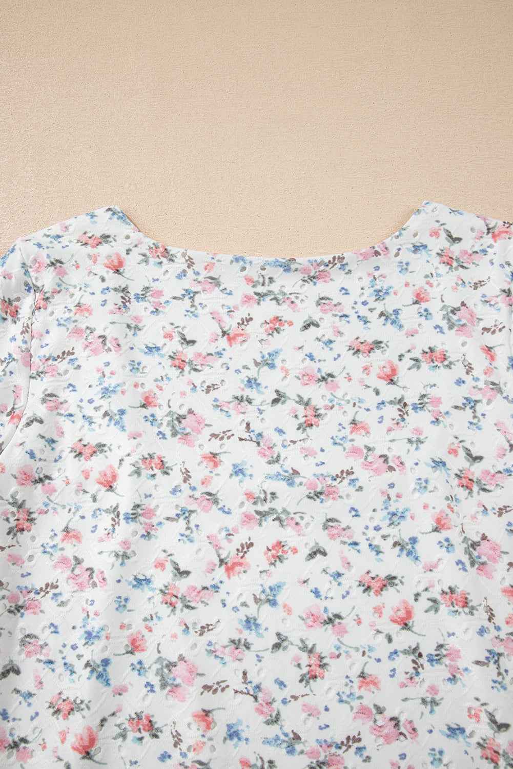 White Floral Print Textured Square Neck Slim Fit Long Sleeve Top