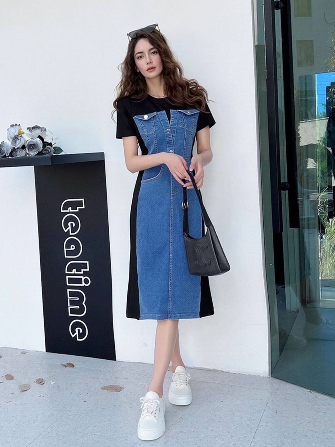 Full Size Denim Patchwork Short Sleeve Slit Back Dress Plus Size by Shopiebay