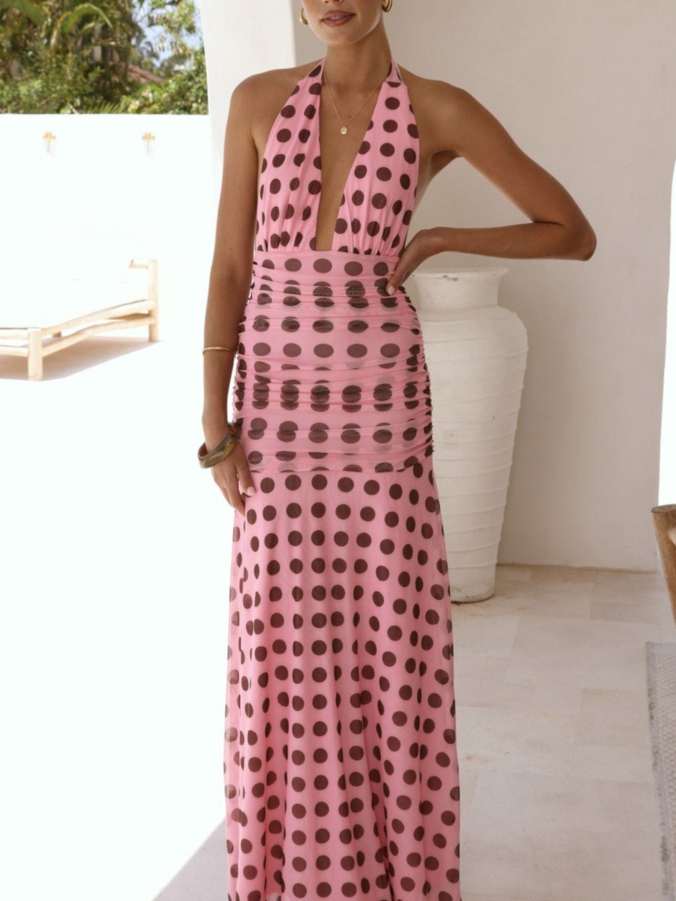 Polka Dot Halter Ruched Maxi Dress by Shopiebay