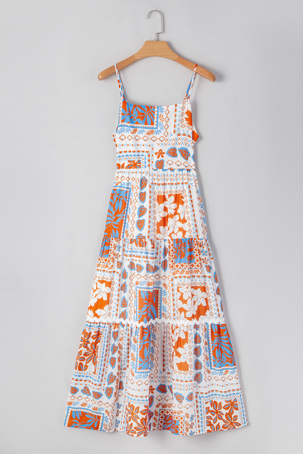 Orange Floral Print Ricrac Trim Spaghetti Straps Maxi Dress
