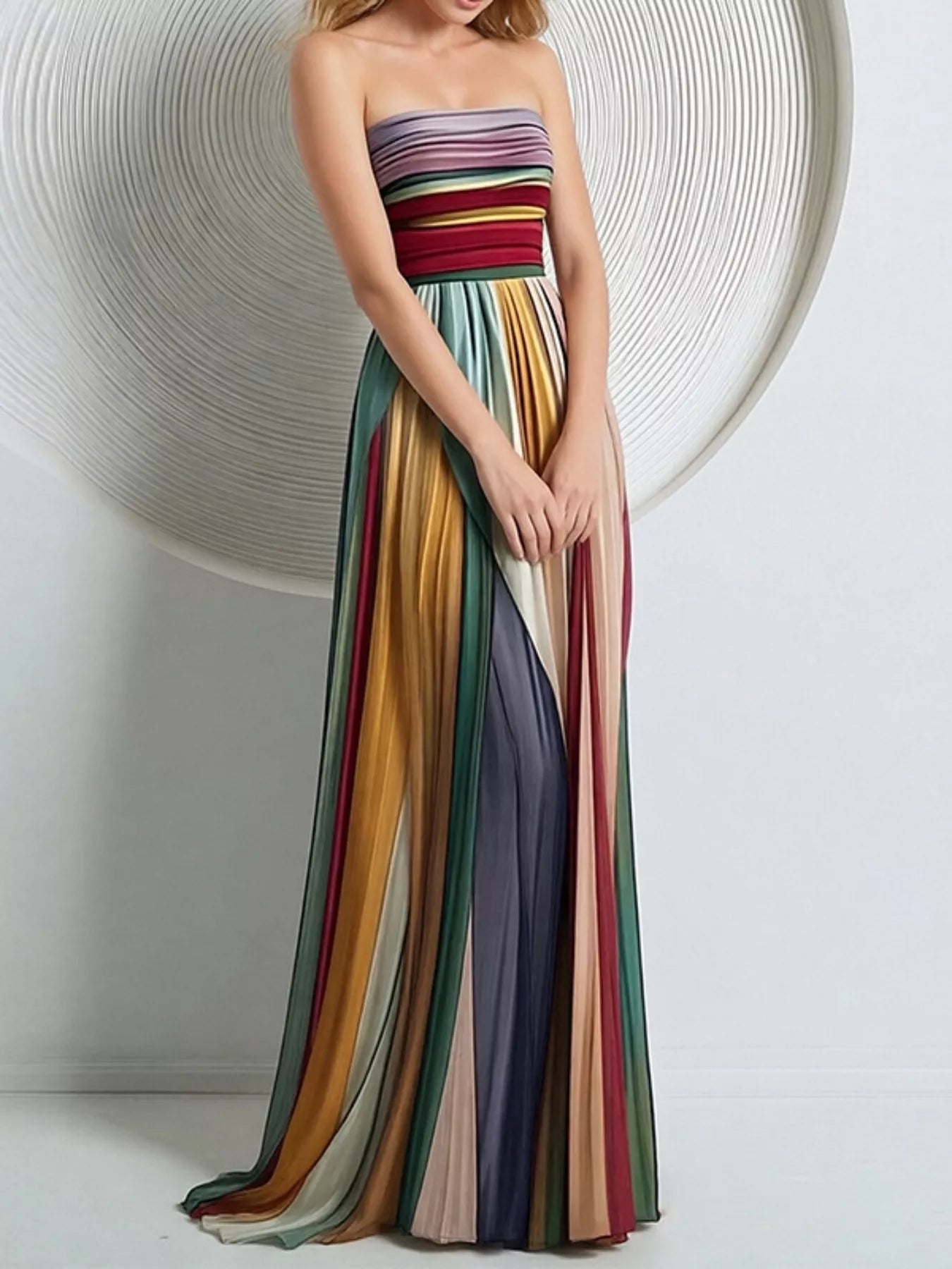 Striped Pleated Tube Maxi Dress by Shopiebay