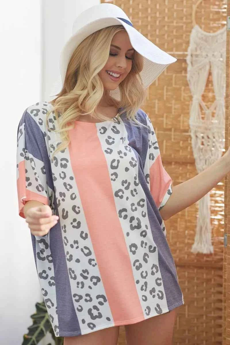 BiBi Leopard Stripe Printed French Terry Oversized Top