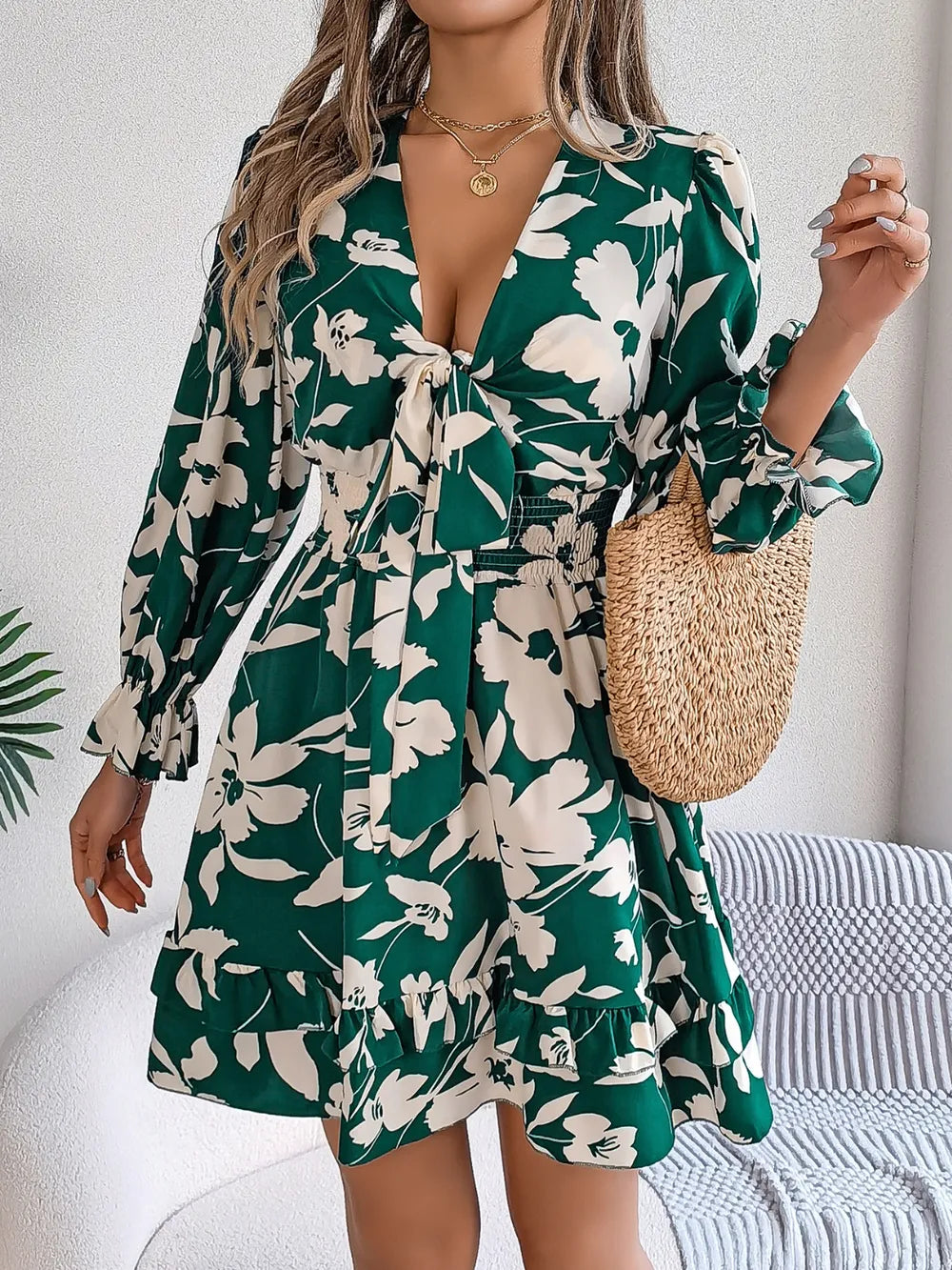 Tied Ruffled Printed Long Sleeve Dress by Shopiebay