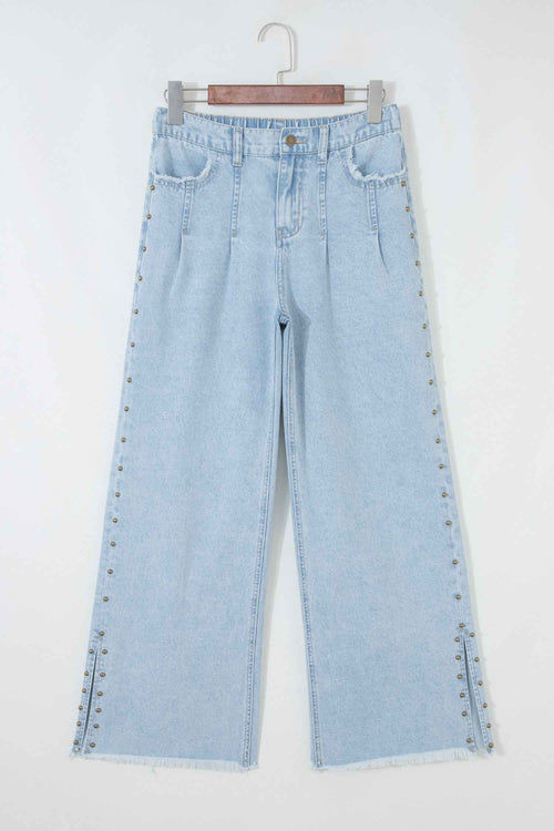 Beau Blue Studded Side Slit Leg Frayed Pocketed Wide Leg Jeans by Wild and Free Boutique