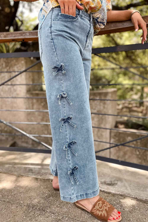 Beau Blue Bow Knot Side Detail Straight Leg Loose Jeans by Wild and Free Boutique