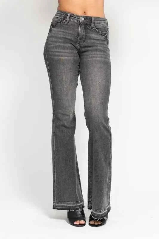 Judy Blue Full Size Mid Rise Tummy Control Washed Gray Release Hem Flare Jeans Plus Size