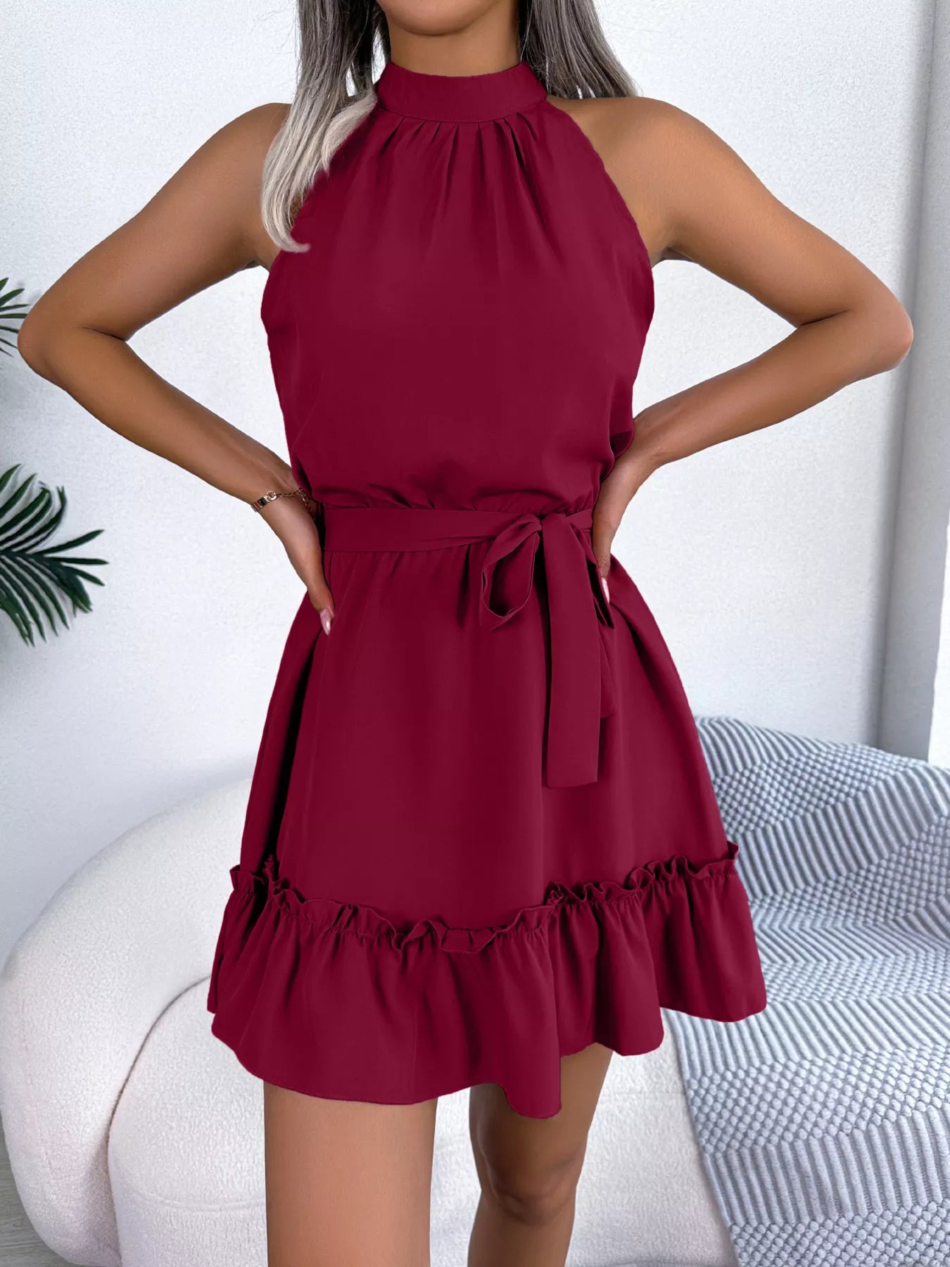 Halter Neck Ruffle Hem A-Line Dress by Shopiebay