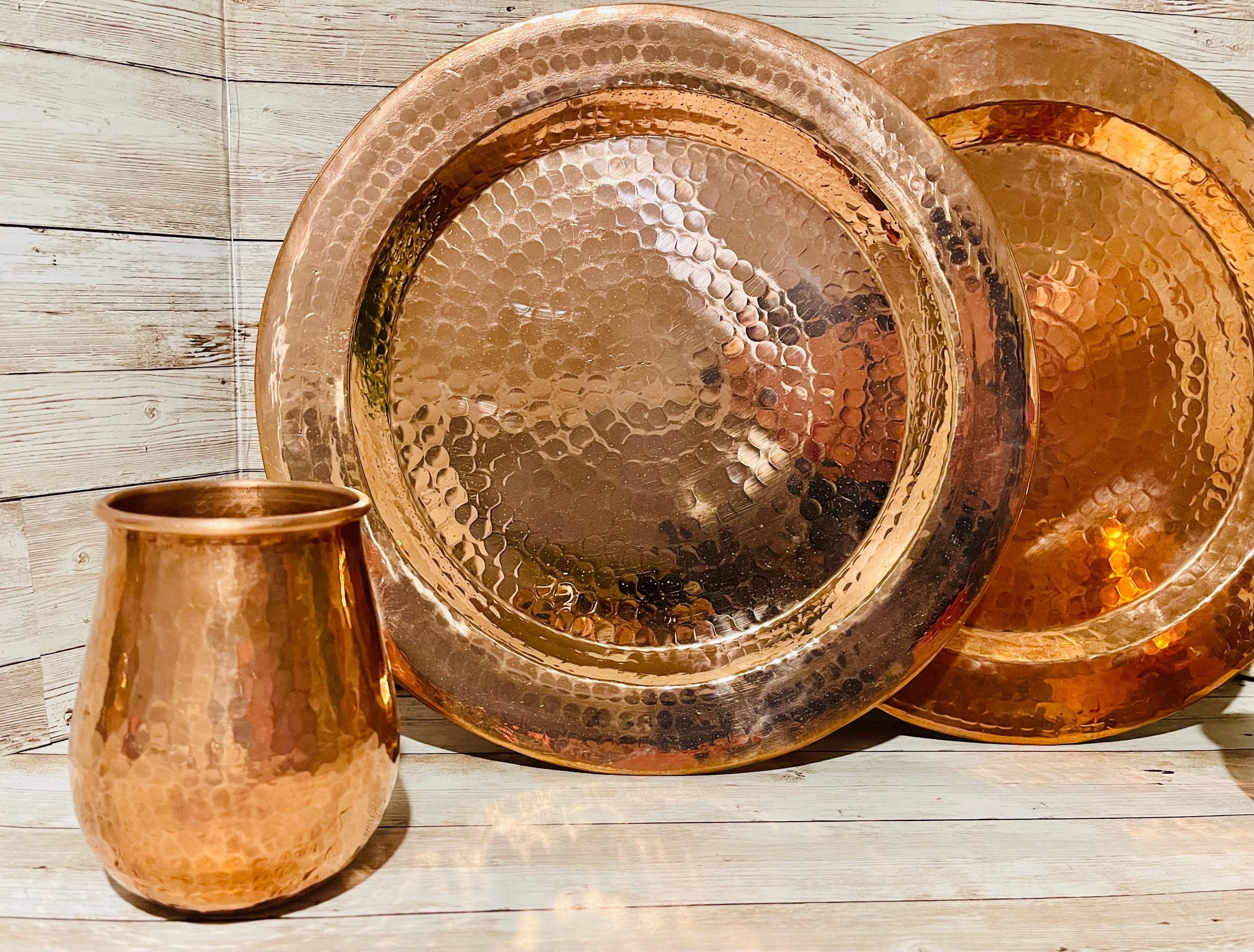 2 Mexican Copper Charger Plates with 2 Copper Cups 2 Platos de Cobre Mexicano con 2 Vasos de Cobre by Chica Mexico