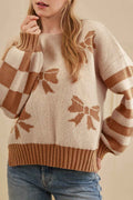 Straw Yellow Striped Checkered Sleeves Bow Print Knit Sweater