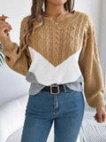 Cable-Knit Color Block Round Neck Sweater