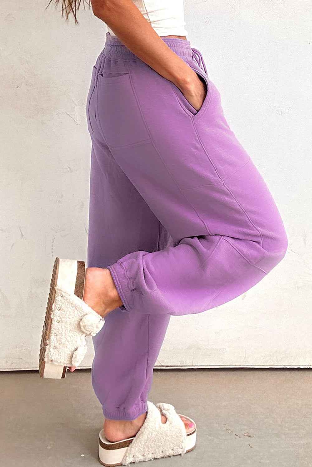 Lilac Tie Elastic Waist Solid Color Patchwork Jogger Pants