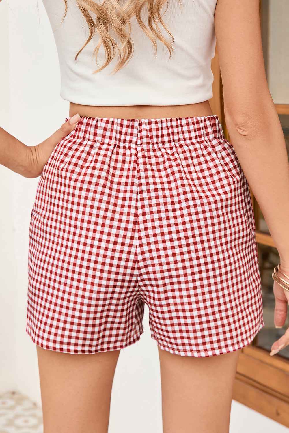 Fern Green Vintage Plaid Print High Waisted Loose Wide Leg Shorts