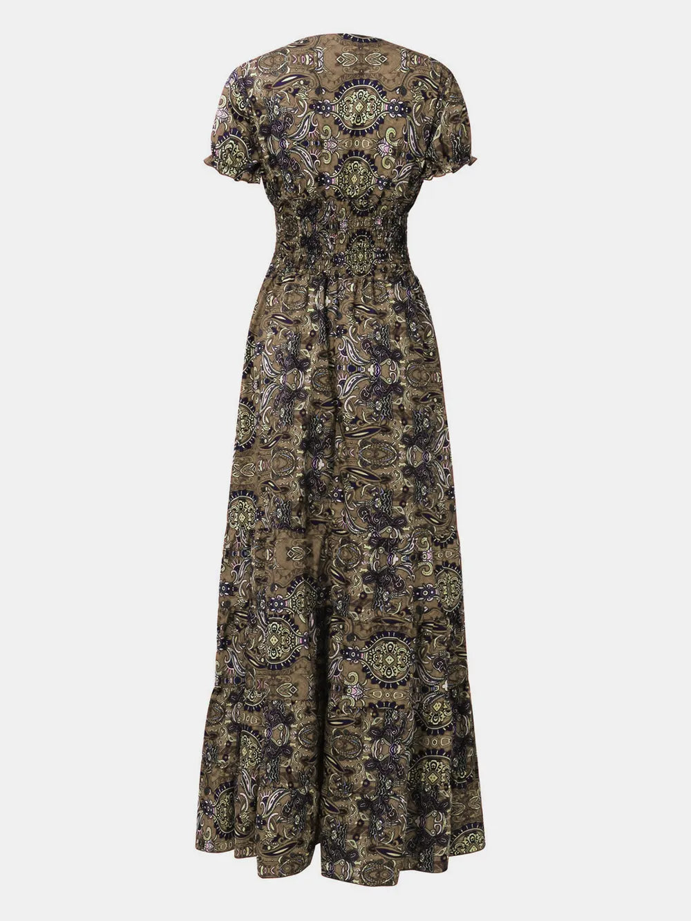Smocked Printed V-Neck Short Sleeve Dress by Shopiebay
