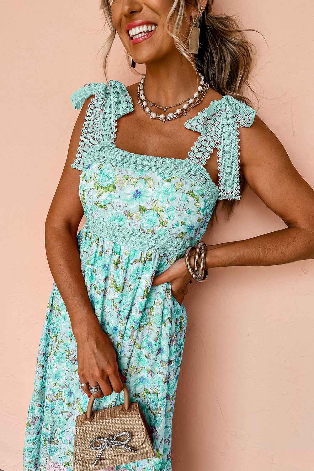 Green Floral Lace Tied Strap Empire Waist Maxi Dress