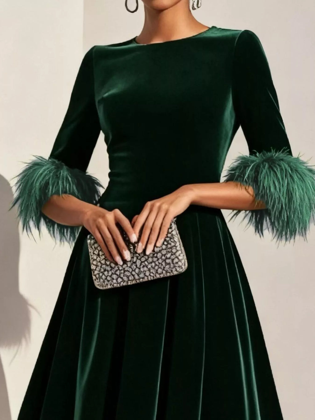 Velvet Midi Dress with Feather Cuffs by Shopiebay
