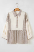 Khaki Stripe Plus Size Color Block Patchwork Half Button Long Sleeve Peplum Blouse
