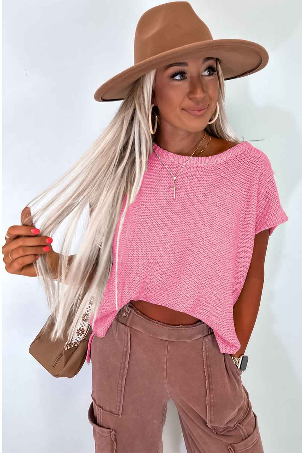 Black Solid Color Sweater Tee with Side Slits