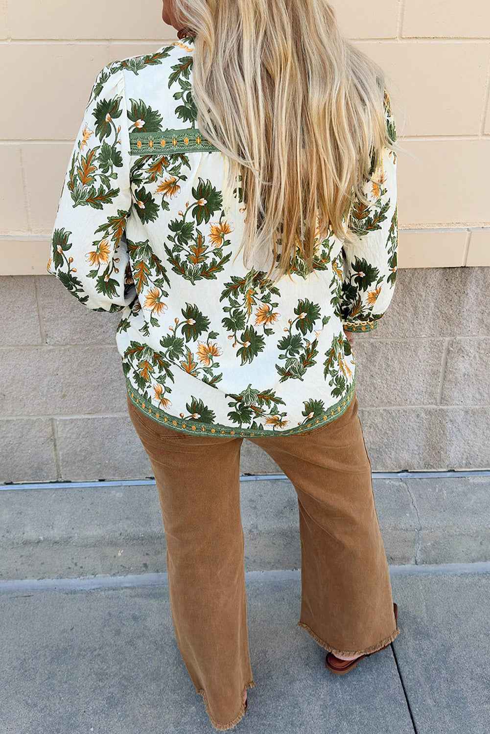 Green Plus Size Floral Printed Contrast Patchwork Detail Tassel Tie 3/4 Sleeve Blouse