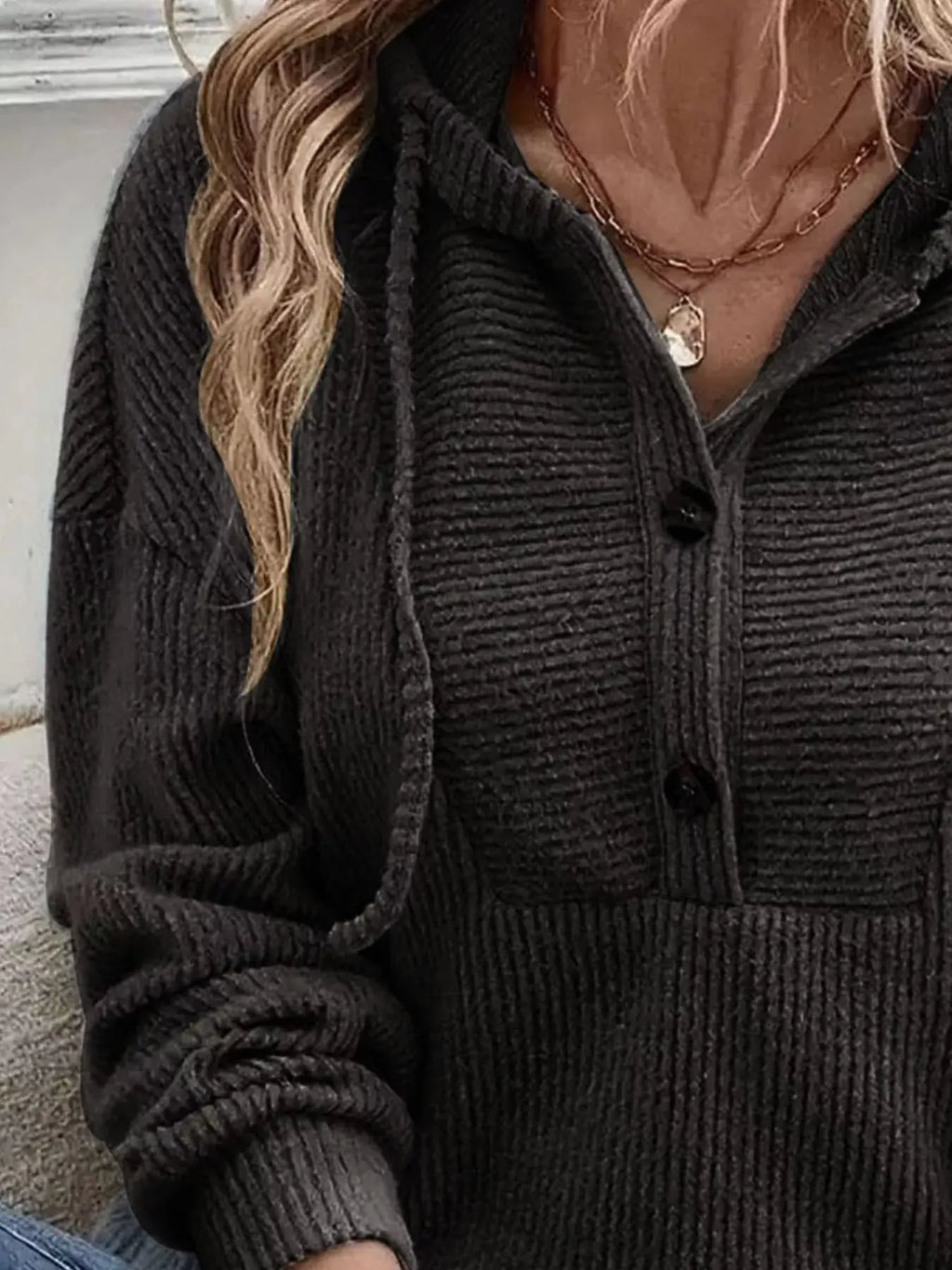 Button Front Drawstring Hoodie